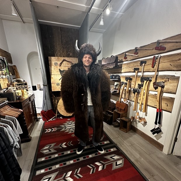 Ryan wearing a horned bison-fur coat